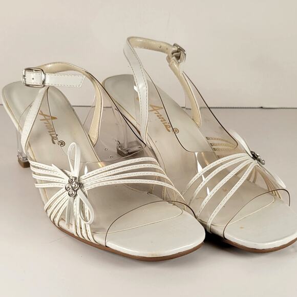 Annie White Slingback Sandals 6M Open Toe Clear Heel Strappy Bow Rhinestones - Picture 1 of 16